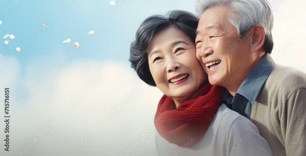 Elderly Asian couple smiling and embracing, with a serene sky in the background. Elderly Asian couple smiling and embracing, with a serene sky in the background.