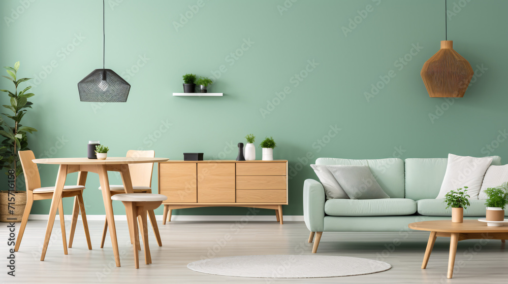 Cozy green living room with a vase on a wooden sideboard and pillows on a mint sofa Cozy green living room with a vase on a wooden sideboard and pillows on a mint sofa