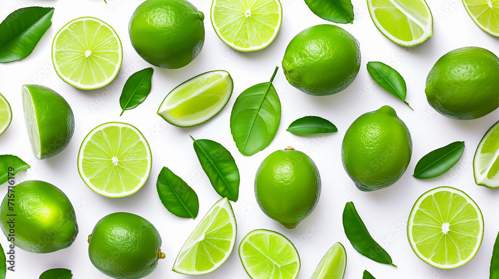 Fresh green limes and leaves scattered on a white background, showcasing whole and sliced fruits, perfect for culinary and nutritional content, vibrant and refreshing. 