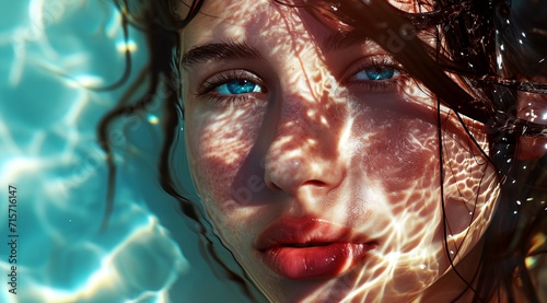 A woman with blue eyes underwater