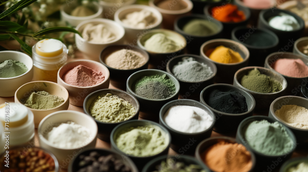 Colorful powdered ingredients in small bowls, ideal for cosmetics or culinary arts. The powders range in color from greens and yellows to pinks, whites, and blacks. Each bowl is filled to the brim.