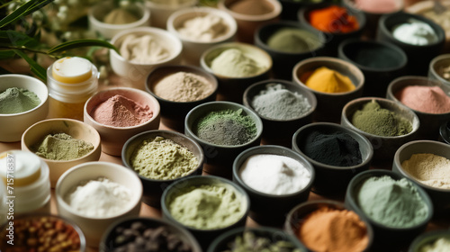 Colorful powdered ingredients in small bowls, ideal for cosmetics or culinary arts. The powders range in color from greens and yellows to pinks, whites, and blacks. Each bowl is filled to the brim.