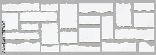 White ripped paper strips collection.Realistic paper scraps with torn edges.Sticky notes, Torn papers, shreds of notebook pages.torn paper sheet set in square and rectangle shapes Vector illustration.