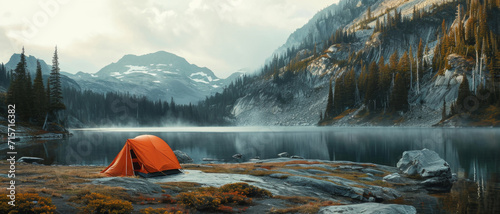 An orange tent stands solitary amidst the serene embrace of a mountain lake at dusk, a silent witness to the fading alpine glow