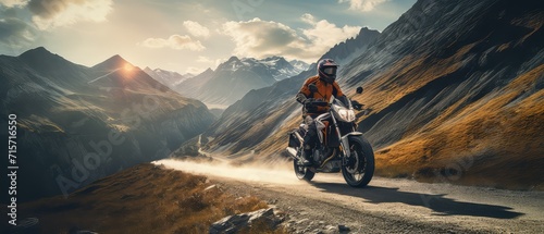 Motorcycle. Professional motorbike rider, riding with high speed in the mountains. Way. Concept of motosport, speed, hobby, journey, activity. Motorcyclist riding on mountain road at sunset. Sport photo