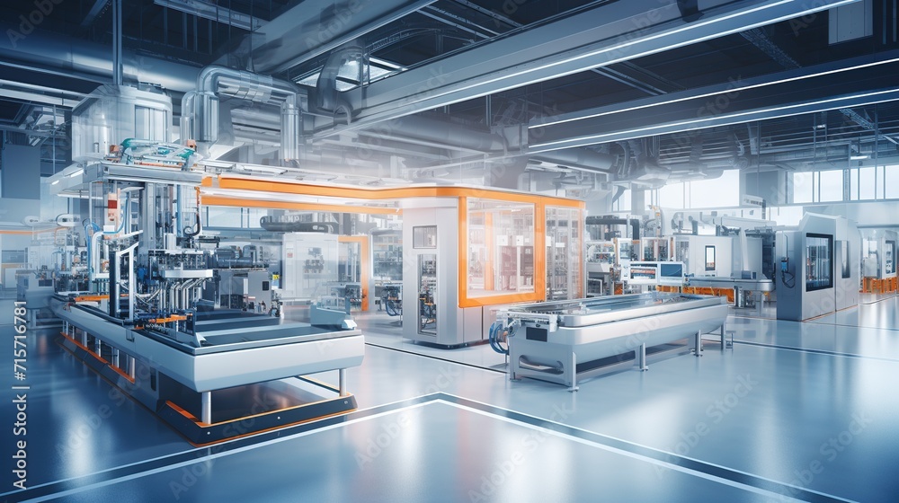 Modern smart factory with modern production machine for industrial 4.0 manufacturing process concept. Created with Generative AI Modern smart factory with modern production machine for industrial 4.0 manufacturing process concept. Created with Generative AI