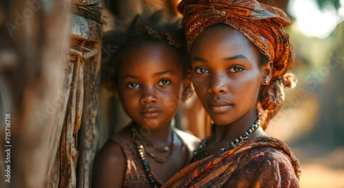 A portrait of a woman and a child with traditional African attire and jewelry. photo