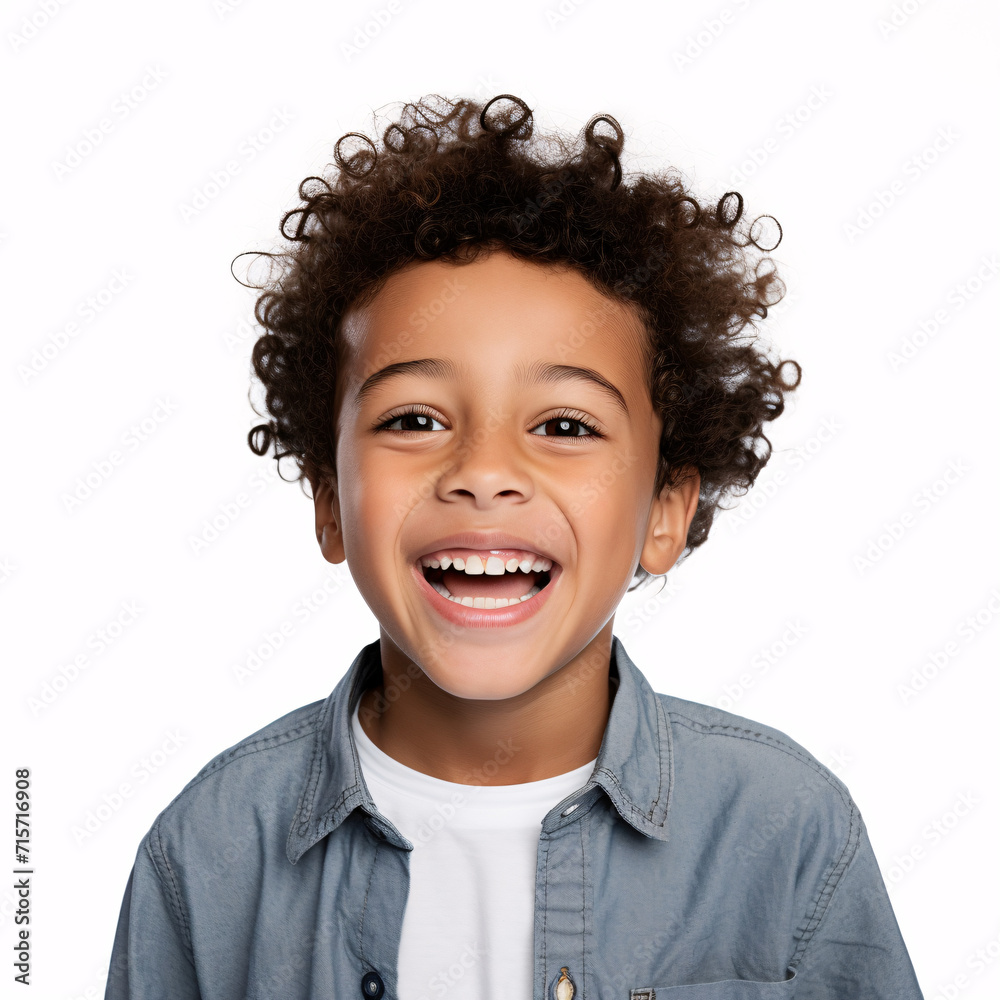A professional portrait studio photograph featuring an adorable, mixed-race young boy with immaculately clean teeth, radiating joy with laughter and smiles. Isolated on white background A professional portrait studio photograph featuring an adorable, mixed-race young boy with immaculately clean teeth, radiating joy with laughter and smiles. Isolated on white background