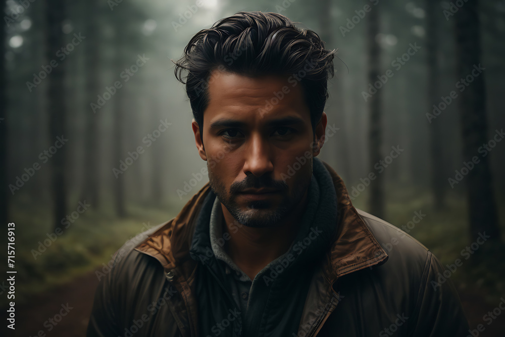 Man Standing in Middle of Forest. Generative AI. Man Standing in Middle of Forest. Generative AI.