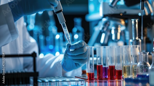 Scientist using a pipette with test tubes in a high-tech laboratory