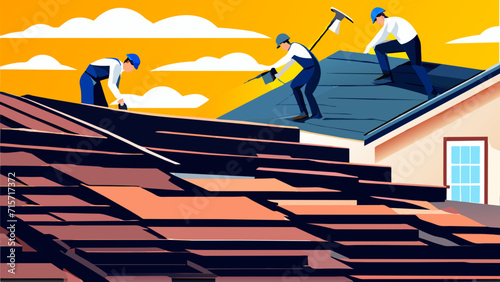 Workers installing roofing shingles. vektor illustation