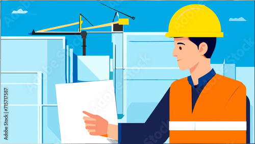 A construction worker holding a blueprint. vektor illustation