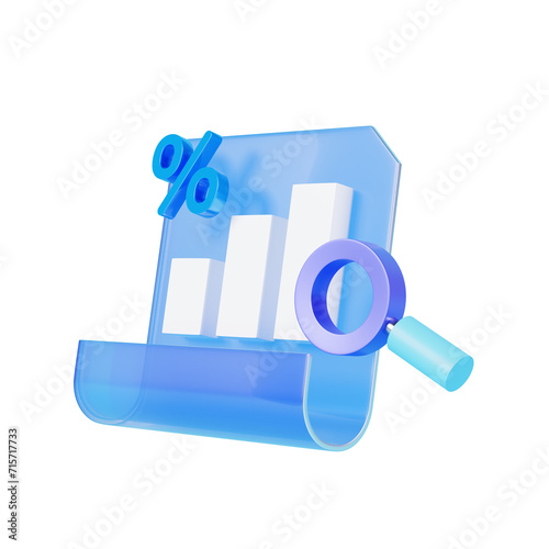 Financial information graph analysis and magnifying glass 3d icons isolated on transparent background.