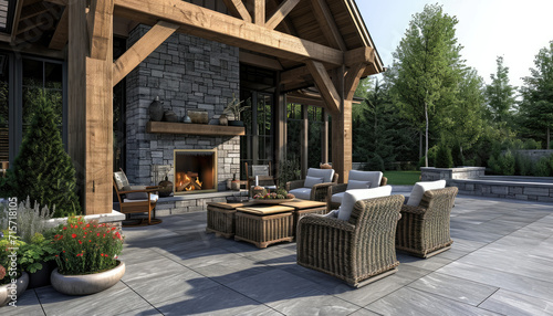 a view of an outdoor patio with fireplace and wood furniture