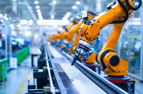 Automating Excellence - Robot Hands Crafting Cars in a Futuristic Factory Interior © Sri