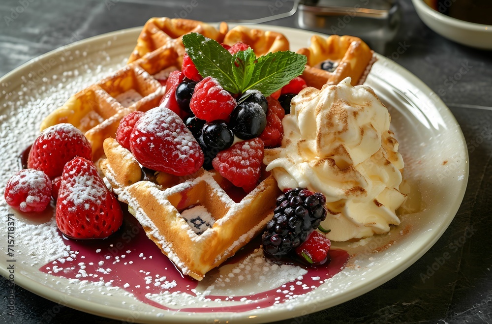 Belgian Waffle Delight - Berries and Ice Cream on a Plate of Warm Waffles Belgian Waffle Delight - Berries and Ice Cream on a Plate of Warm Waffles