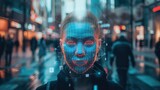 A digital biometric face scan overlay on a woman in a bustling city street