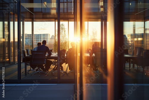 Business people workers at work in meeting for resolution business new year plans sunset background.