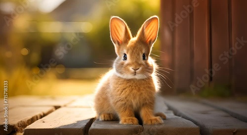A cute brown rabbit with large ears sits on a wooden surface in soft sunlight. photo