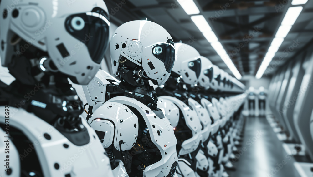 Fototapeta premium Robot queue, rows of robots answering customer calls as customer service, artificial intelligence, future robots working for the factory,3d robots