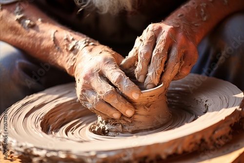 Close up of potter s hands expertly shaping vibrant textured clay in beautiful natural light photo