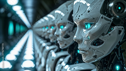 Robot queue, rows of robots answering customer calls as customer service, artificial intelligence, future robots working for the factory,3d robots