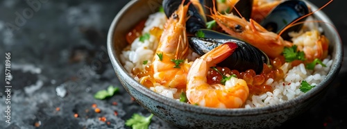 Spanish Paella Bowl with Shrimp and Mussels - Minimalist, Closeup view banner