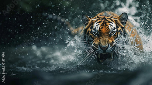 Angry tigers running in the water