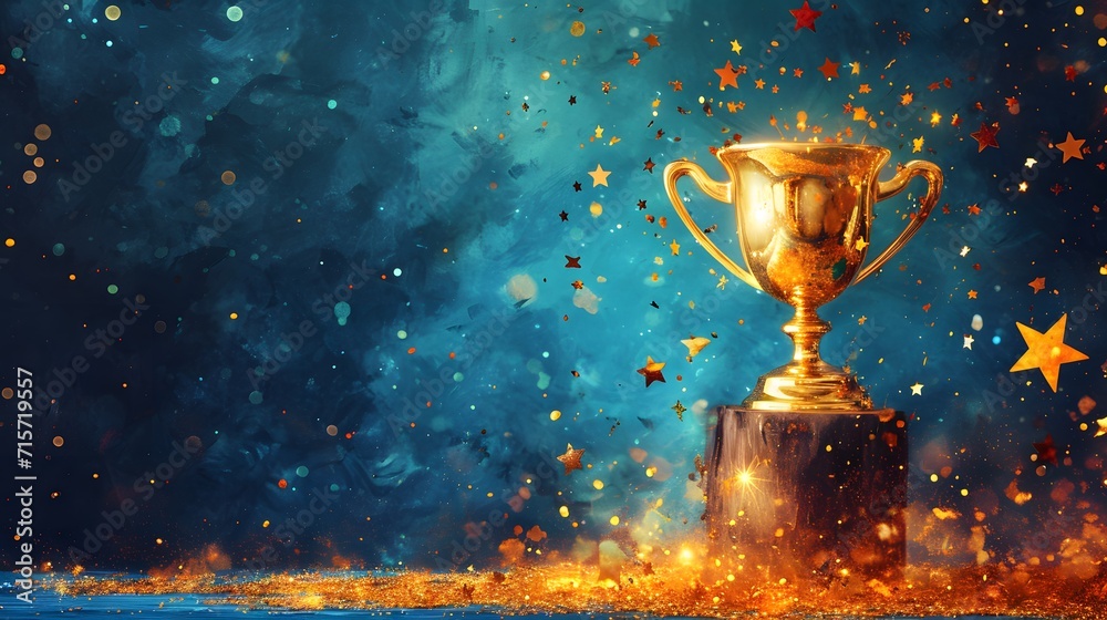 new celebration, a golden trophy with stars around it on a blue background with a black background and a gold star around it - obrazy, fototapety, plakaty 