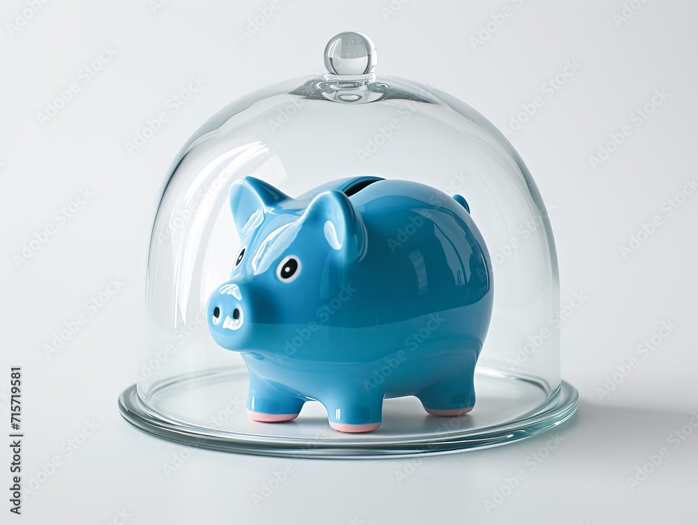 Blue piggy bank under glass bell on a white background. Concept of money protection and financial security. - obrazy, fototapety, plakaty 