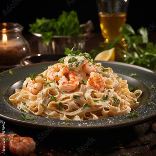 Savor the deliciousness of creamy shrimp Alfredo, featuring fettuccine pasta and garnished with fresh parsley. A comforting dish that brings the flavors of the sea to your table.