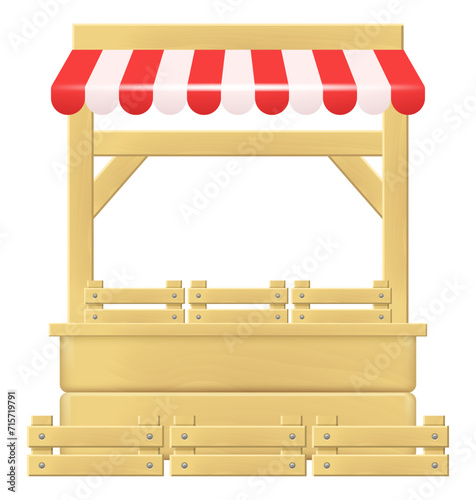 Market stall. Wooden market stand stall with red white striped awning. Vector clipart isolated on white background.