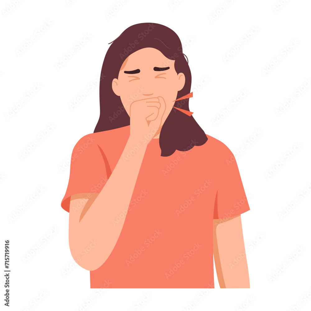 Woman has symptoms of chronic dry cough. From pollution and smog to allergies. A female has symptoms of coughing and sneezing and is infected with influenza. Vector on a flat white background. Woman has symptoms of chronic dry cough. From pollution and smog to allergies. A female has symptoms of coughing and sneezing and is infected with influenza. Vector on a flat white background.