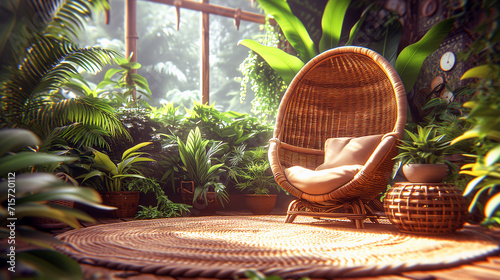 charming boho-style sunlit indoor garden room with a wicker egg chair surrounded by lush tropical plants and a woven rug, creating a peaceful green oasis