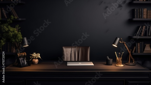 Luxury Office Background, Luxury Home Office Background, A black and gold office with a leather chair and a desk with a lamp, AI generated © Iqra Iltaf