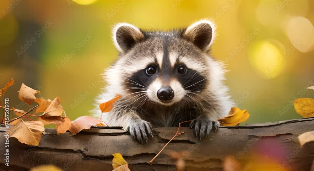 A raccoon peeks over a log surrounded by golden autumn leaves.