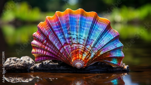 Lustrous seashell with intricate patterns and iridescent colors under natural light photo