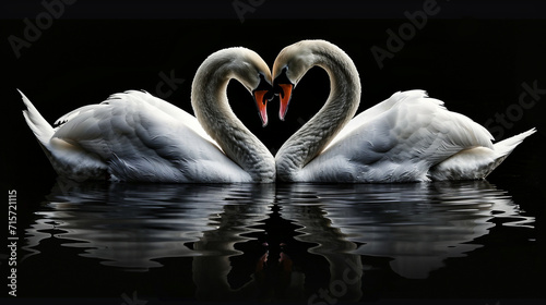 Two white swans in love on a black background