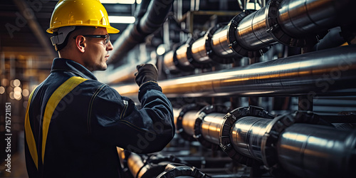 Photographie Male worker inspecting steel long pipes and pipe bends in factory of the oil refining and gas industry