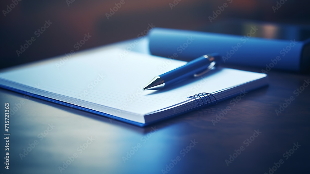 Pen and blank white notepad with space customizable for text or ideas. Copy space for ideas, pen, and paper notebook on a blue background. back to school, AI generated