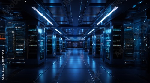 In the modern blue server room, high-tech computers hum with activity, forming the backbone of digital infrastructure.Generated image