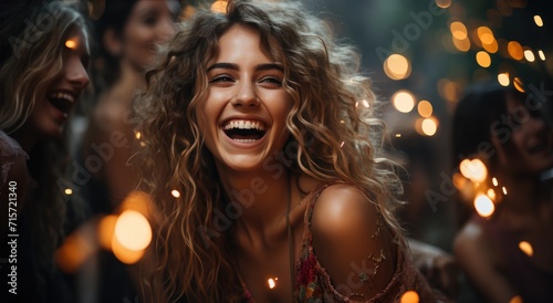 A joyous woman radiating pure happiness as she laughs in the glow of candlelight, her sparkling smile and vibrant clothing adding to the magic of the moment