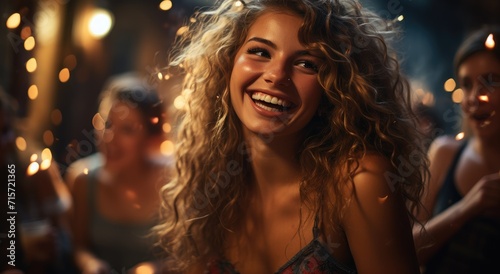 A joyous woman with curly hair radiates happiness as she stands outdoors  her smiling face adorned with stylish clothing