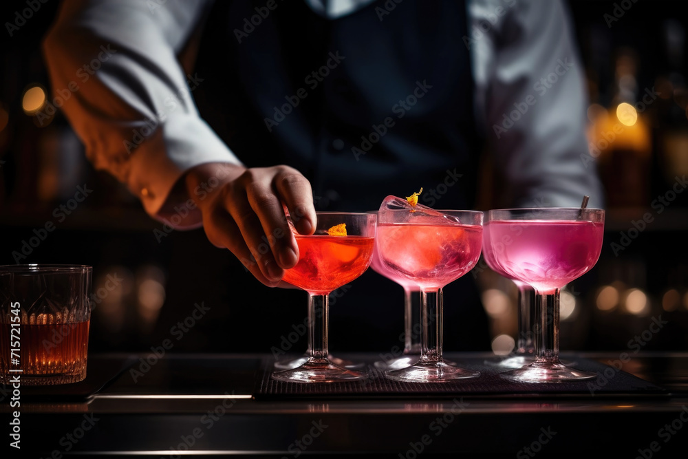 Bartender prepares a cocktail at bar counter in the nightclub
