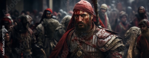 In the aftermath of the battle for Constantinople, an Ottoman soldier displays a bloodied face, bearing the scars of conquest.Generated image
