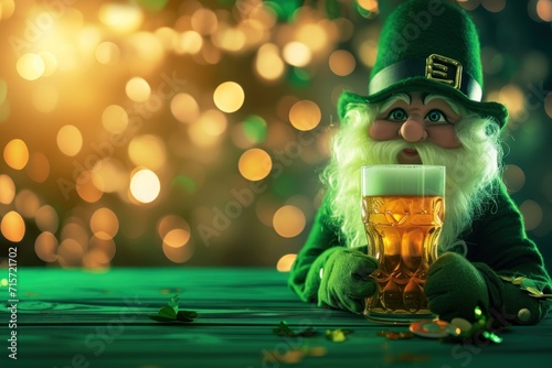 Leprechaun with a glass of beer. Saint Patrick's Day Concept with Copy Space.