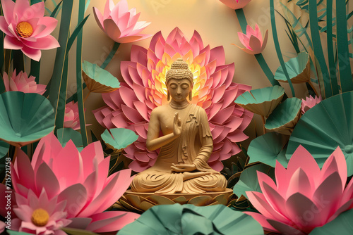 glowing golden buddha face decorated with pink lotuses  jungle nature background