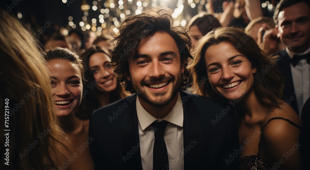 A joyful group of friends, dressed in formal attire, beam with happiness and laughter as they stand together at a wedding, showcasing the beauty of human connection and friendship