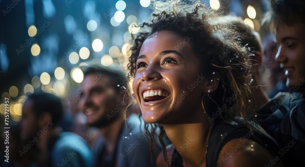 A joyous woman braves the elements, her face adorned with water droplets, radiating pure happiness on a busy street A joyous woman braves the elements, her face adorned with water droplets, radiating pure happiness on a busy street