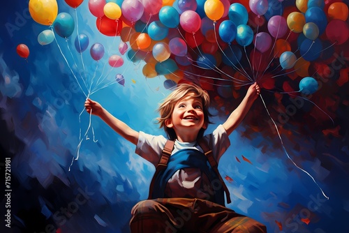 A joyful child surrounded by colorful balloons, reaching out to grab one and let it float up into the sky.